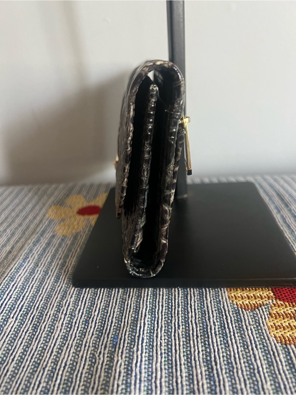 Brahmin Teal and Black Croc-Embossed Fold-Over Clutch - Picture 4 of 8